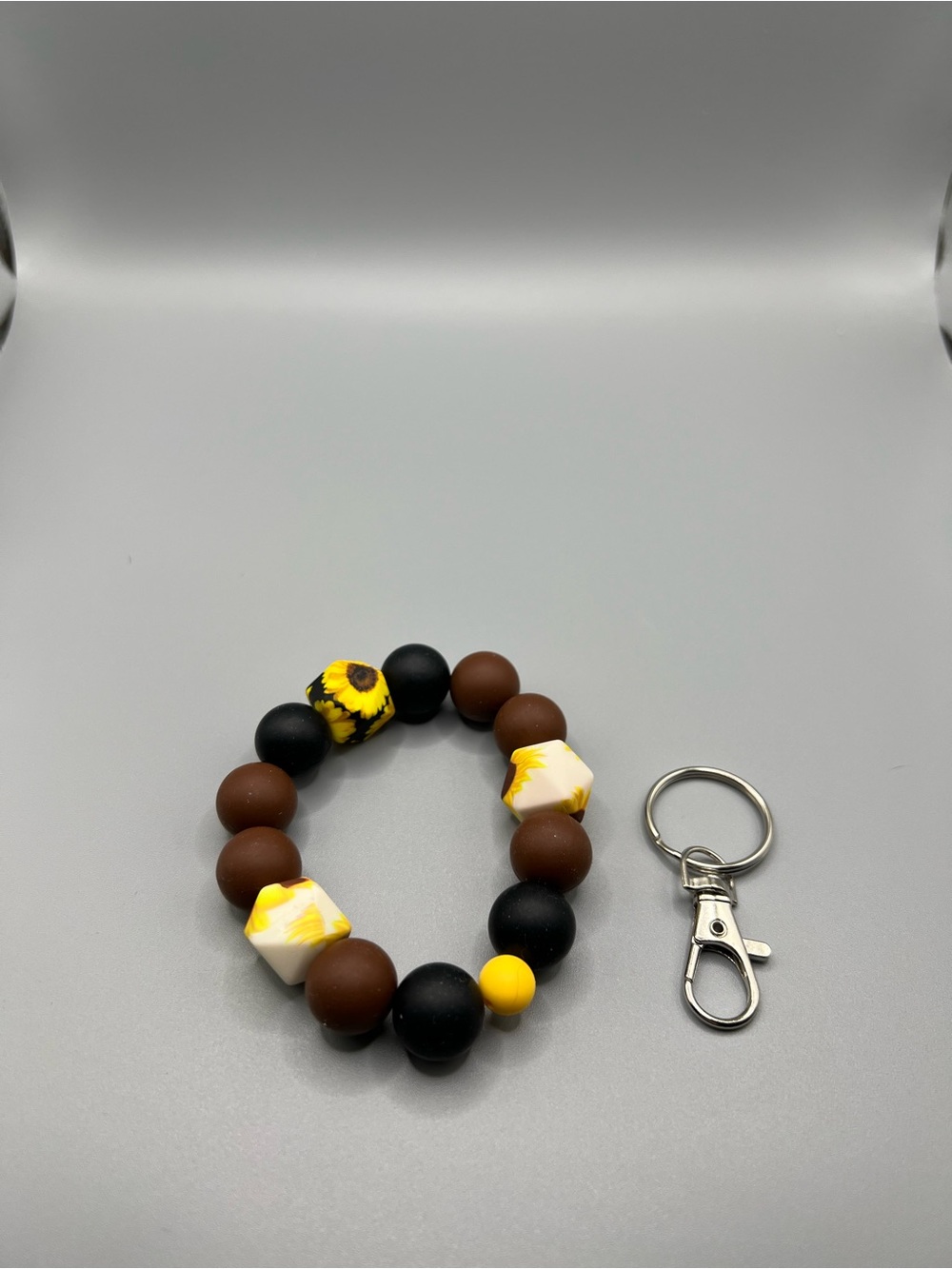 Sunflower Yellow & Brown Beaded Keychain Bracelet - Handmade - K0005C